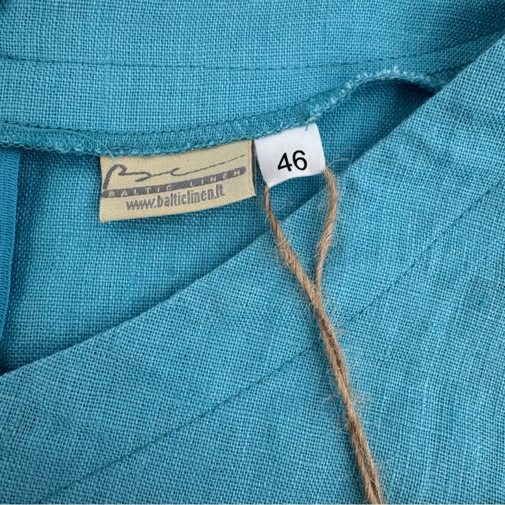 NWT Baltic Jura Linen Womens Size 46 Blue Midi Dress Short Sleeve V Neck Pockets - Picture 3 of 14